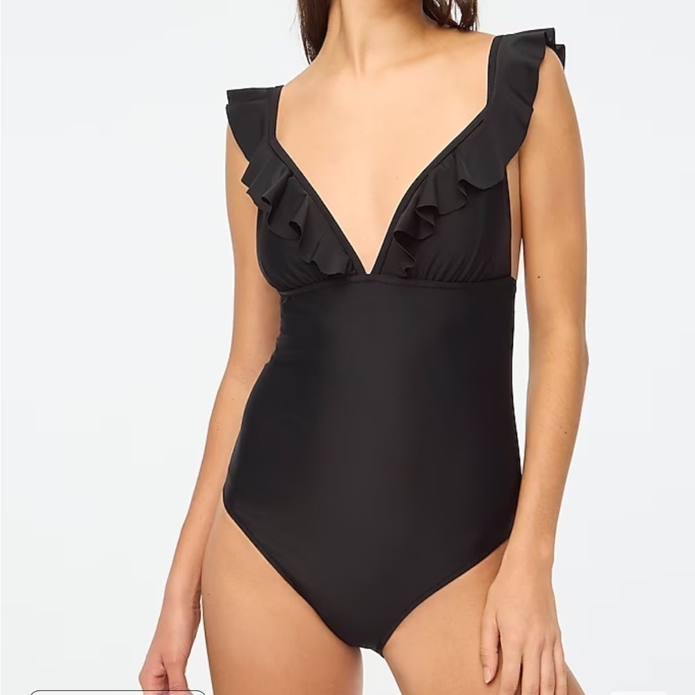 J Crew Factory Ruffle-shoulder V-neck one-piece swimsuit Black size M NWT BG217